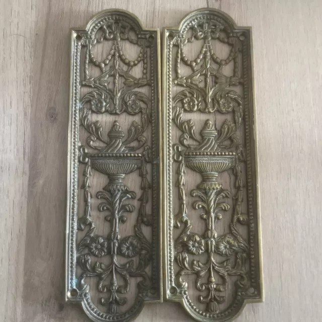 Victorian Brass Pierced Finger Plate Push Door Handle Antique X 2