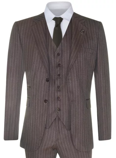 Mens Pinstripe 3 Piece Suit Brown Tweed Herringbone Peaky Blinders Classic