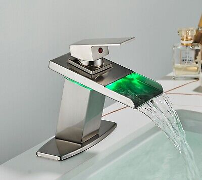 Brushed Nickel LED Waterfall Bathroom Basin Sink Faucet Single Handle 1 Hole Tap