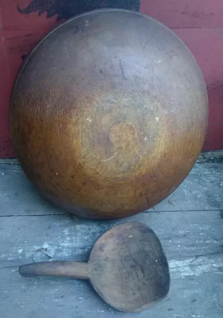 Early Primitive Huge Turned Wooden Bowl & Paddle 15" OOR Wide Lip