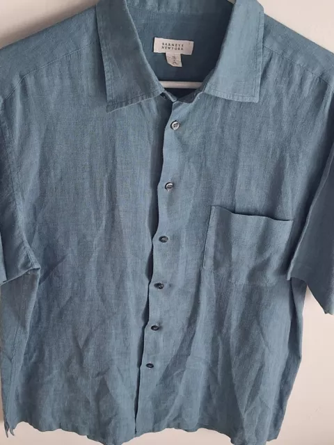 BARNEY'S NEW YORK Men's Teal/Blue Linen Lightweight SS Button Up Shirt Sz M