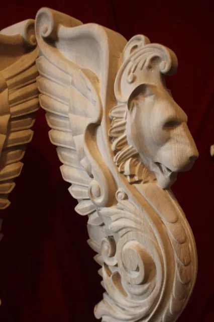 Wooden stairs Oak Decor, unique carved gryphon statue, decorative element.