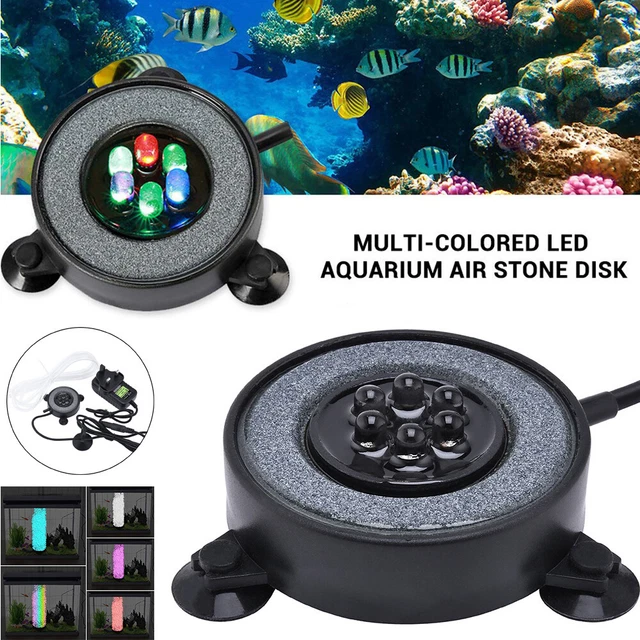 LED Aquarium Lights Fish Tank Bubble Pump Auto Color Changing Round Air Stone UK