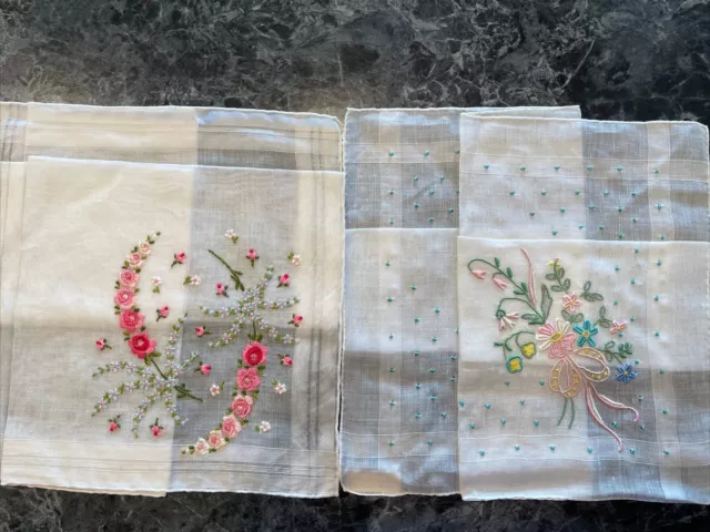 2 Madeira Embroidery Hanky Vintage, Handwork on Cotton Handkerchiefs Unused