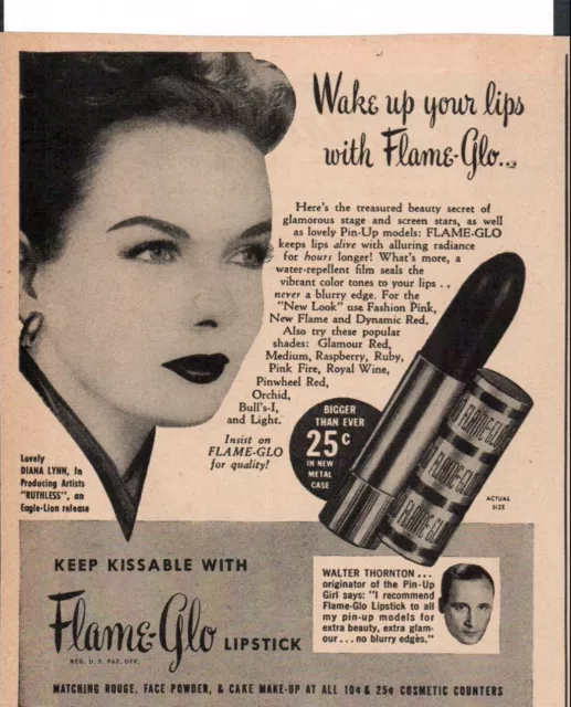 1950's Walter Thornton "Flame Glo Lipstick" Beauty Cosmetic Magazine Print Ad