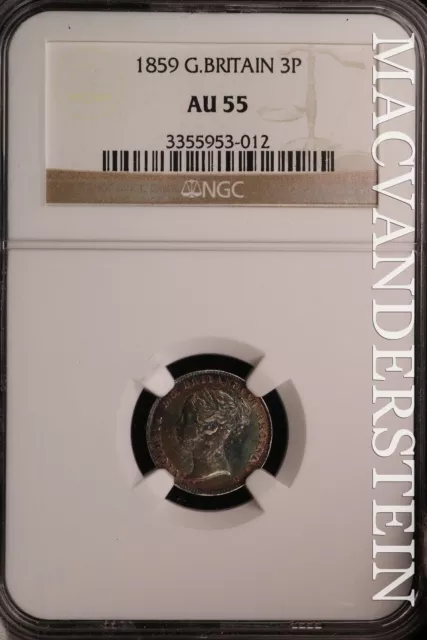Great Britain: 1859 Three Pence - NGC AU 55 - Scarce  Almost Unc  #SLT786