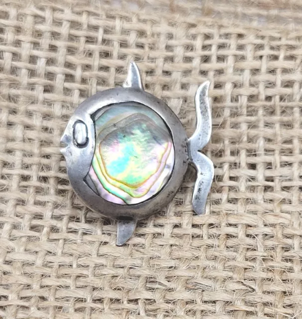 Taxco Broche Alpaca Sterling Silver Abalone Happy Fish Brooch Pin Vintage