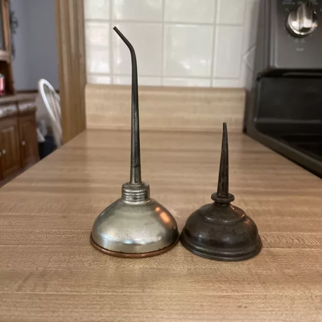 Vintage Oil Can Lot Of 2 Miniature Thumb Pump Oil Cans