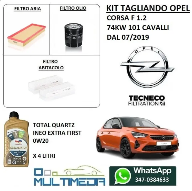 Kit Tagliando Filtri + 4Lt Olio Total 0W20 Opel Corsa F 1.2 74Kw 101 Cavalli