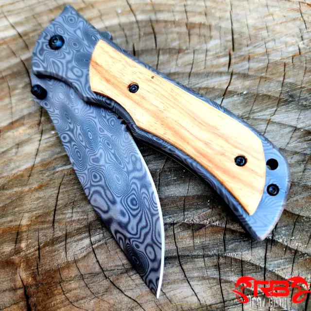 9" Tactical Hunting Spring Assisted Folding Blade Open Pocket Knife Wood Handle