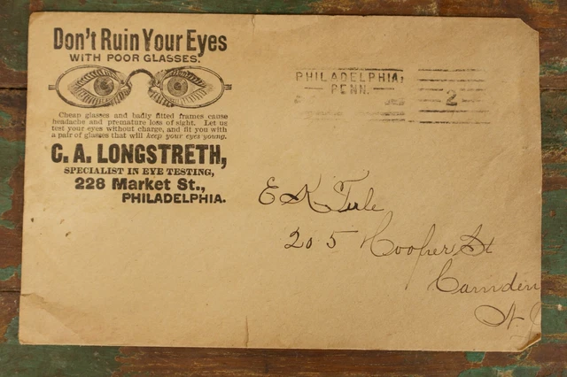 Antique Eye Glasses Advertising Postal Envelope Great Engraving Philadelphia