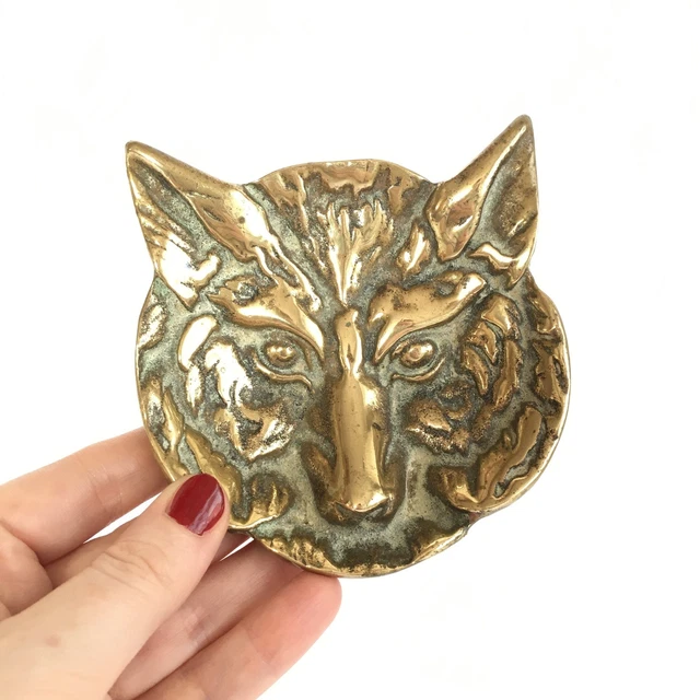 Antique Brass Fox Face Dish Vixen Offering Plate Totem Witches Familiar Wolf