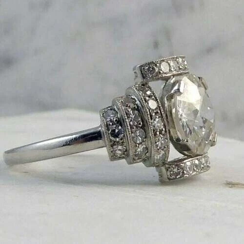Victorian Vintage 3Ct Round Diamonds Art Deco Wedding Ring 14K White Gold Plated