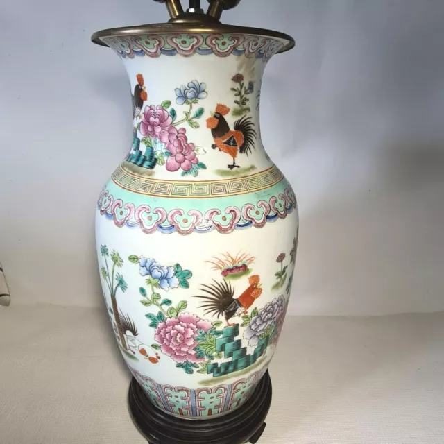 🔅 chine grand vase balustre monté en lampe décor de coqs & pivoine sur socle