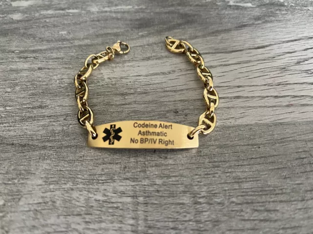 NEW! Medical Alert ID Bracelet Coedine Asthma No BP Right Gold Link Size 7.5" NEW! Medical Alert ID Bracelet Coedine Asthma No BP Right Gold Link Size 7.5"