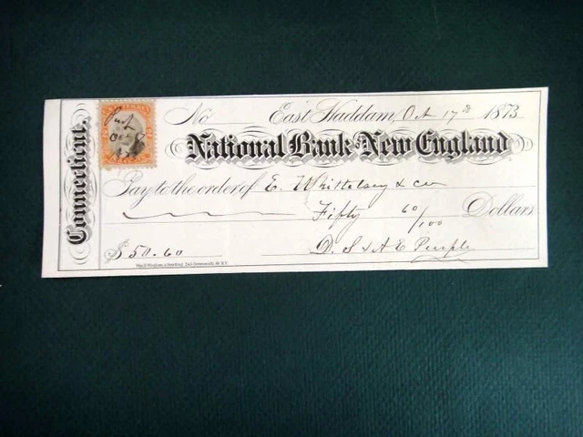 1873 antique BANK CHECK~NATIONAL BANK NEW ENGLAND w/revenue stamp WHITTELSEY