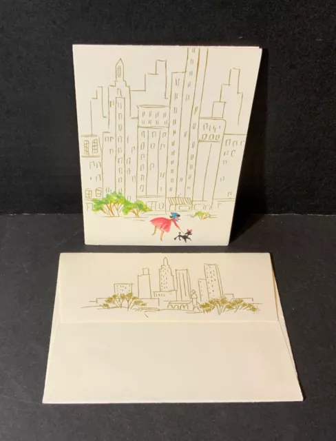 VTG Hallmark Blank Note Card UNUSED Girl in City Walking Black Poodle Gold Bldgs