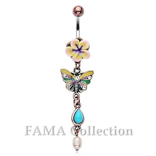 Beautiful FAMA Fimo Flower Navel Belly Ring with Butterfly Dangle