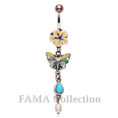 Beautiful FAMA Fimo Flower Navel Belly Ring with Butterfly Dangle