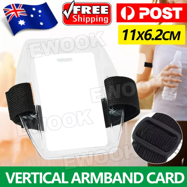 Armband Security ID Card Photo Badge Holder Vertical Clear + Black Elastic Strap