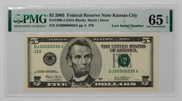 2003 $5 Federal Reserve Note Kansas City Fr#1990-J Pmg Cert 65 Epq Low Serial 30