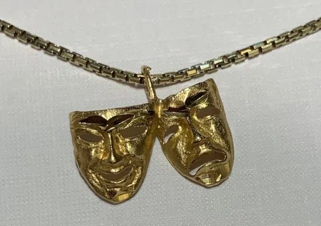 Comedy & Tragedy Face Masks 14K Yellow Gold Pendant & Chain Necklace