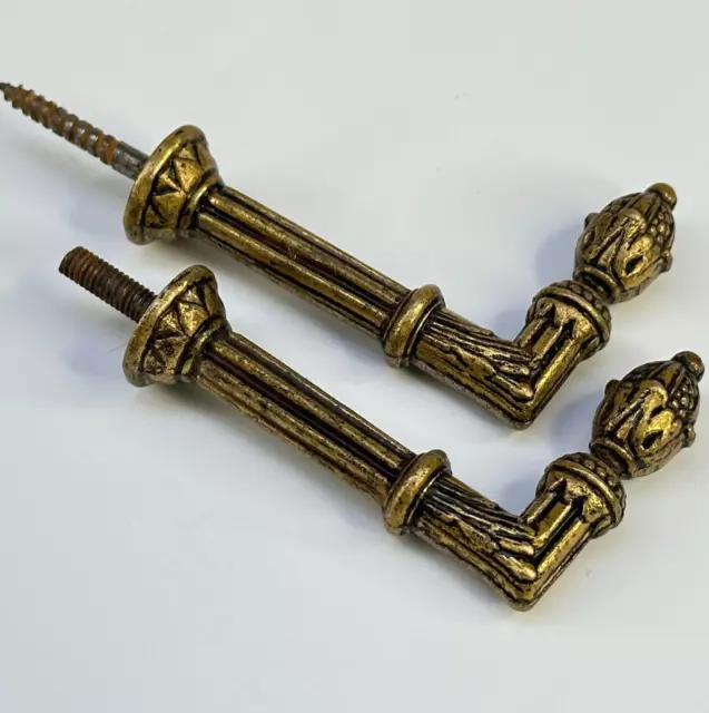 Vintage French Pair of Tiny Ornate Brass Curtain Tiebacks For Window Drapes