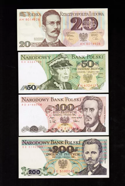 Poland 4 Banknotes 1982 - 1988  20, 50, 100 and 200 ZLOTYCH All Gem UNC