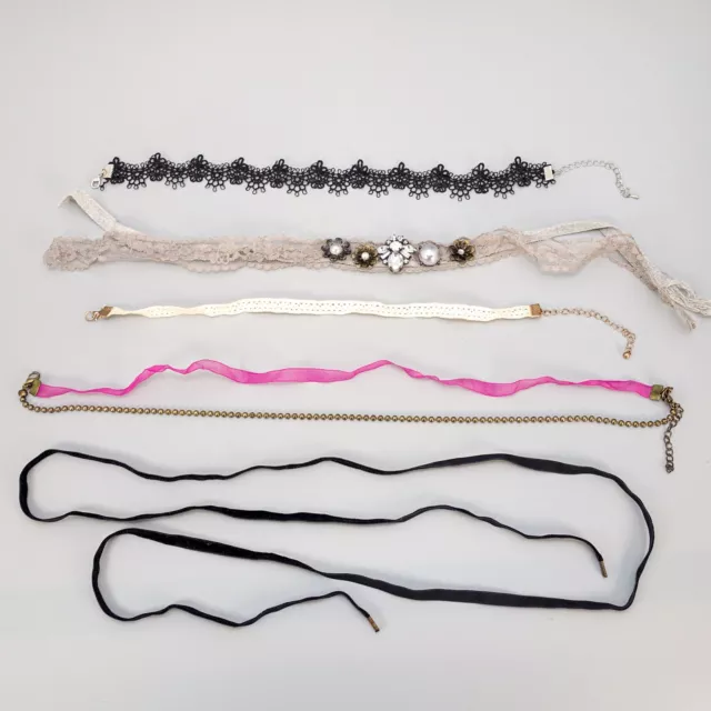 Five Ribbon Choker Necklaces Lace Velvet Sparkly Pretty Victorian Gothic Bundle 2