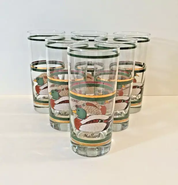 6 Vintage Libbey MALLARD DUCK Tumblers Glasses 22k Gold Trim Hunting Mancave BAR