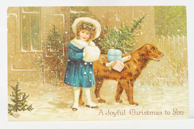 German Printed Antique Christmas Card Little Girl Irish Setter Dog 2