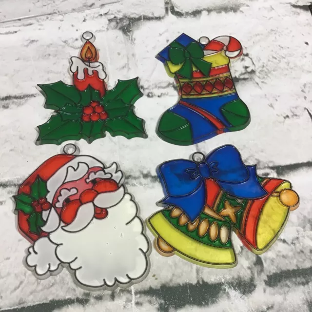 Vintage Christmas Plastic Stained Glass Sun Catchers Lot #3 Santa Stocking Bells