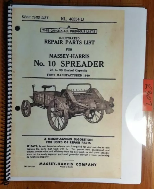 Massey Harris Ferguson No. 10 Manure Spreader 1940- Repair Parts List Manual '45