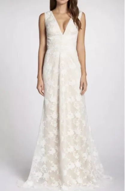 NWOT Tadashi Shoji Floral Grid Lace V Neck Wedding Dress BHLDN Size 16