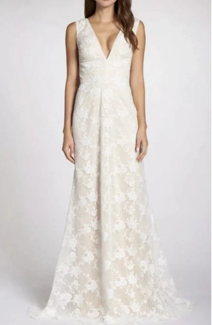 NWOT Tadashi Shoji Floral Grid Lace V Neck Wedding Dress BHLDN Size 16 NWOT Tadashi Shoji Floral Grid Lace V Neck Wedding Dress BHLDN Size 16