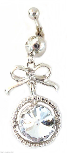 Belly Ring Bow w/Large Clear Gem Dangle Naval Steel Body Jewelry