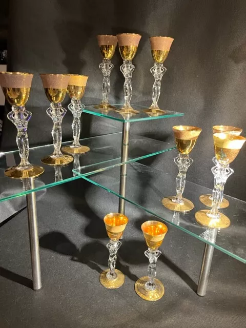 11 verres Venus Bayel cristal doré granité. Cristallerie royale 1950