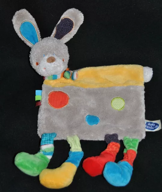 Doudou Plat Lapin MOTS D'ENFANTS Leclerc Patchwork Jaune Gris Pois Echarpe Raye