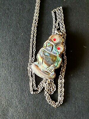 Old New Zealand Carved Paua Shell Tiki with Silver Backing on Local Silver Chain
