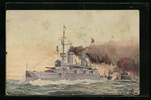Artist Postcard Battleship SMS Kaiser Friedrich Iii. IN