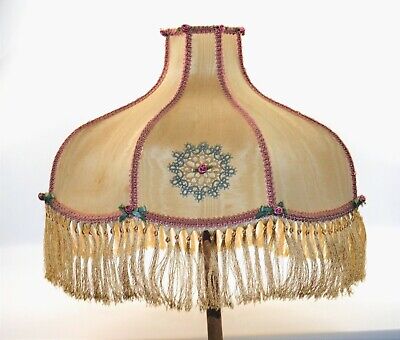 Vtg Victorian Art Deco Lamp Shade 1beig Pink Roses Fringe Boudoir SHADE ONLY 12"
