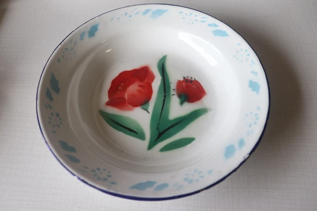 BELLE ANCIENNE ASSIETTE EN TÔLE ÉMAILLÉE - DÉCOR FLEUR - ASSIETTE CREUSE 22 cm