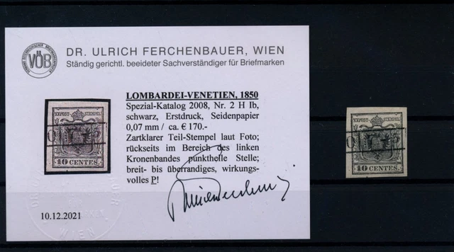 LOMBARDEI-VENETIEN 1850 10C, schwarz, HP, Type I.b, ERSTDRUCK! SEIDENPAPIER! VÖB