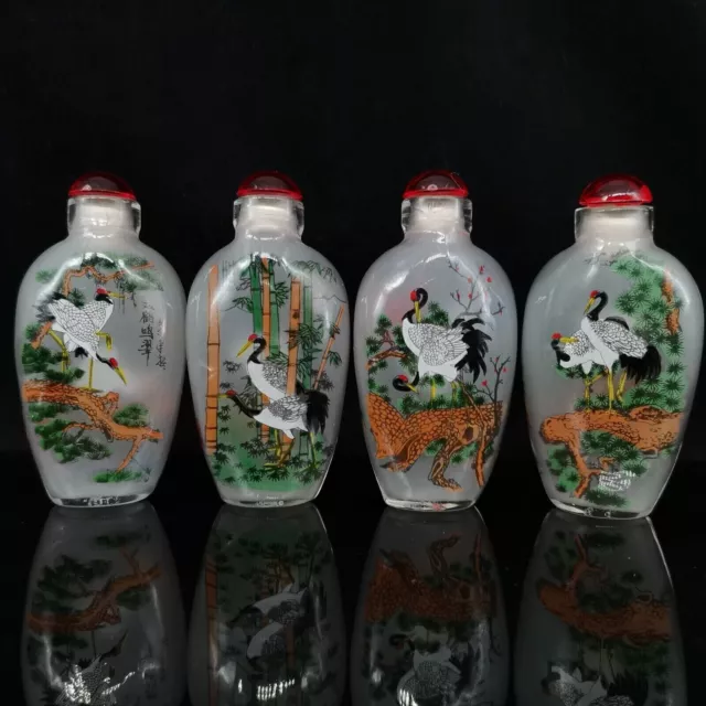 Collectible China Coloured glaze handInside painting crane pattern snuff bottle