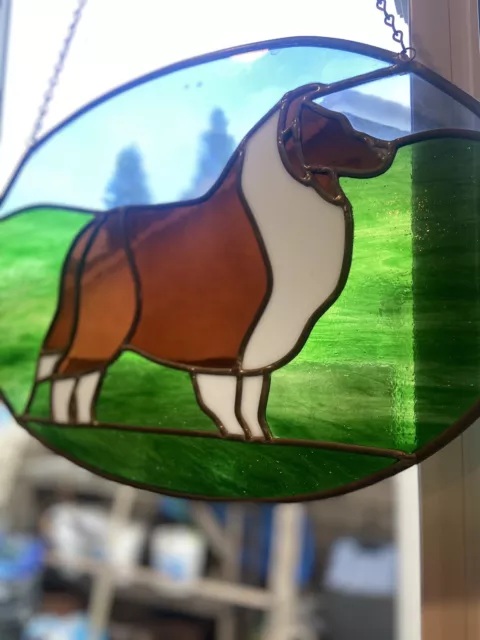 Handmade Stained Glass Suncatcher 19”x13” Brown White "Champion Shepherd" VNTG