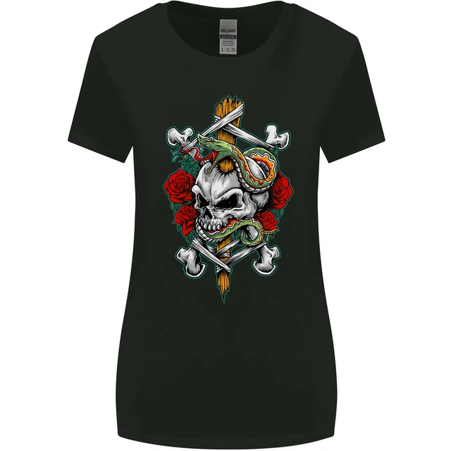 T-shirt da donna Skull and Snake Biker heavy metal gotica taglio più largo