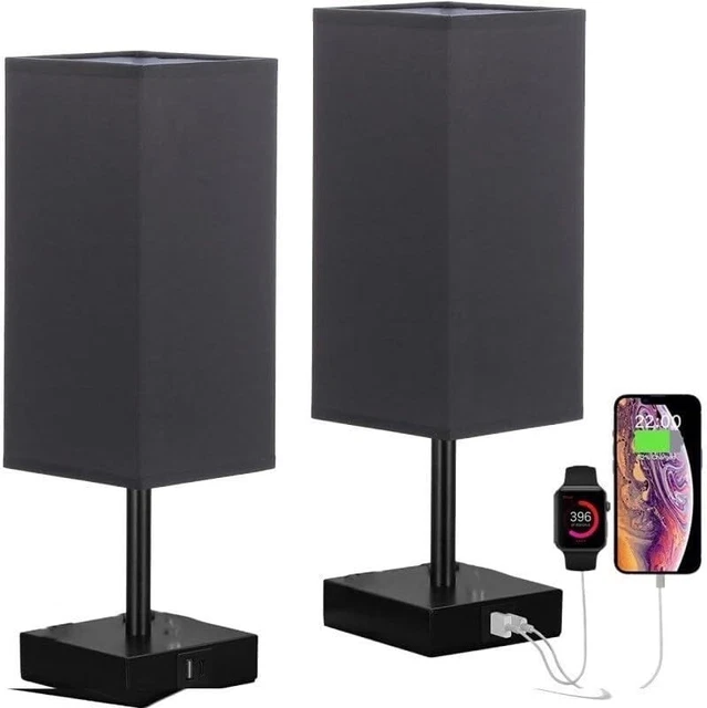 Coppia Lampada da Tavolo Abat Jour con Porta USB per Ricaricare e 2 Lampadine