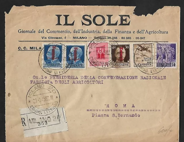 Italy Milano To Roma Air Mail Commercial Registered Cover 1945