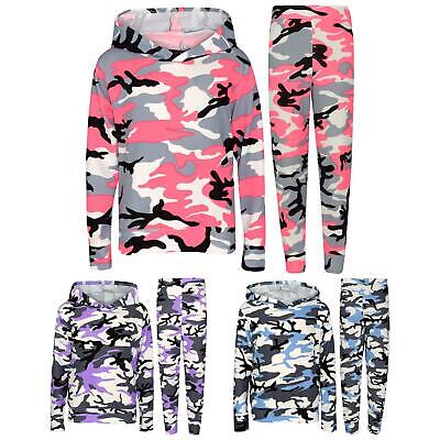 Kids Girls Tracksuit Camouflage Hooded Top Legging Loungewear Outfit Set 7-13 Yr