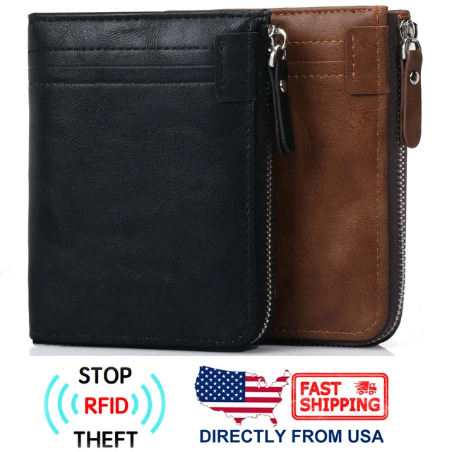 Men's RFID Blocking ID Window Zipper Pocket Leather Bifold Wallet